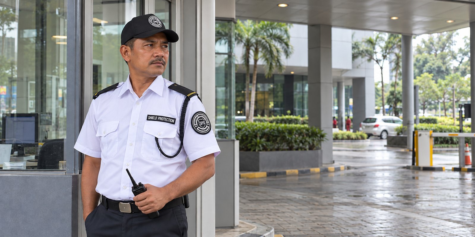 Shield Protection guard on duty at a client premises entrance