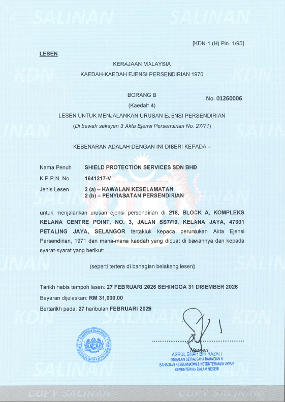 KDN Security Company Licence, Shield Protection Services Sdn Bhd