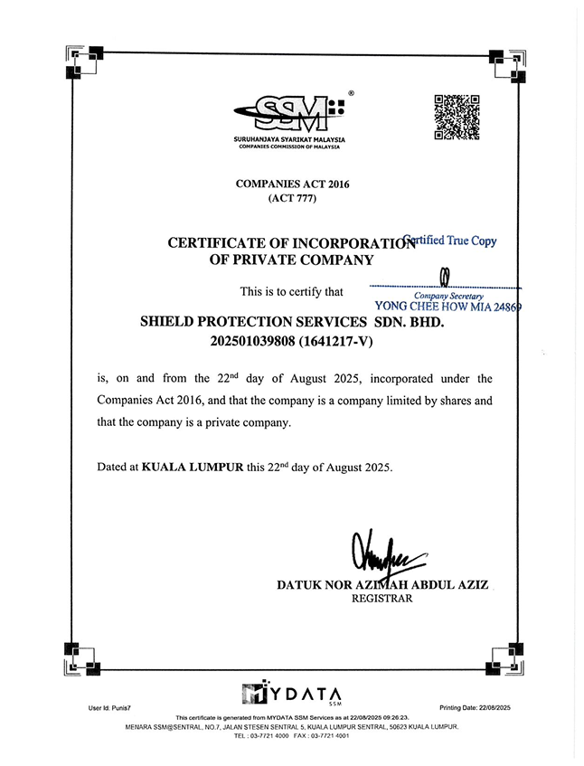 SSM Certificate of Incorporation, Shield Protection Services Sdn Bhd
