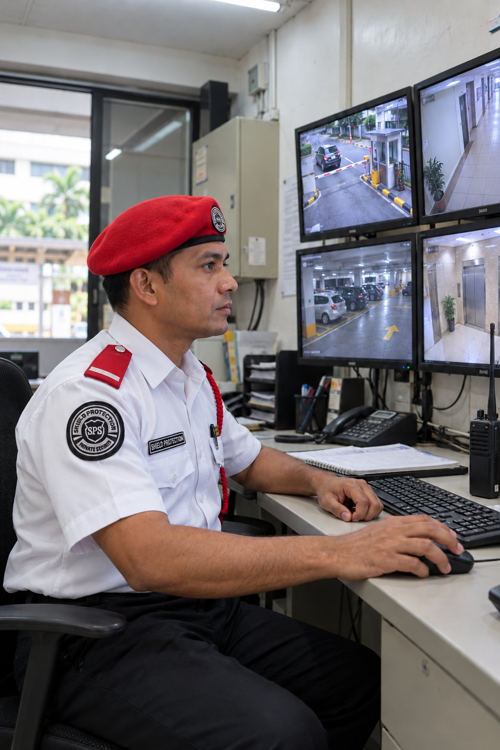 Shield Protection guard monitoring CMS control room screens