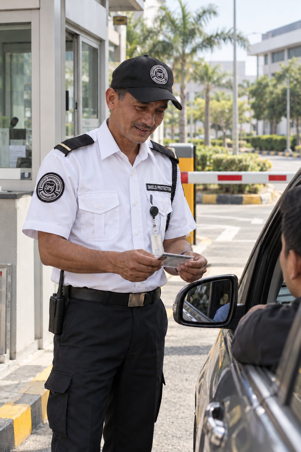 Shield Protection guard checking a vehicle at a gate barrier