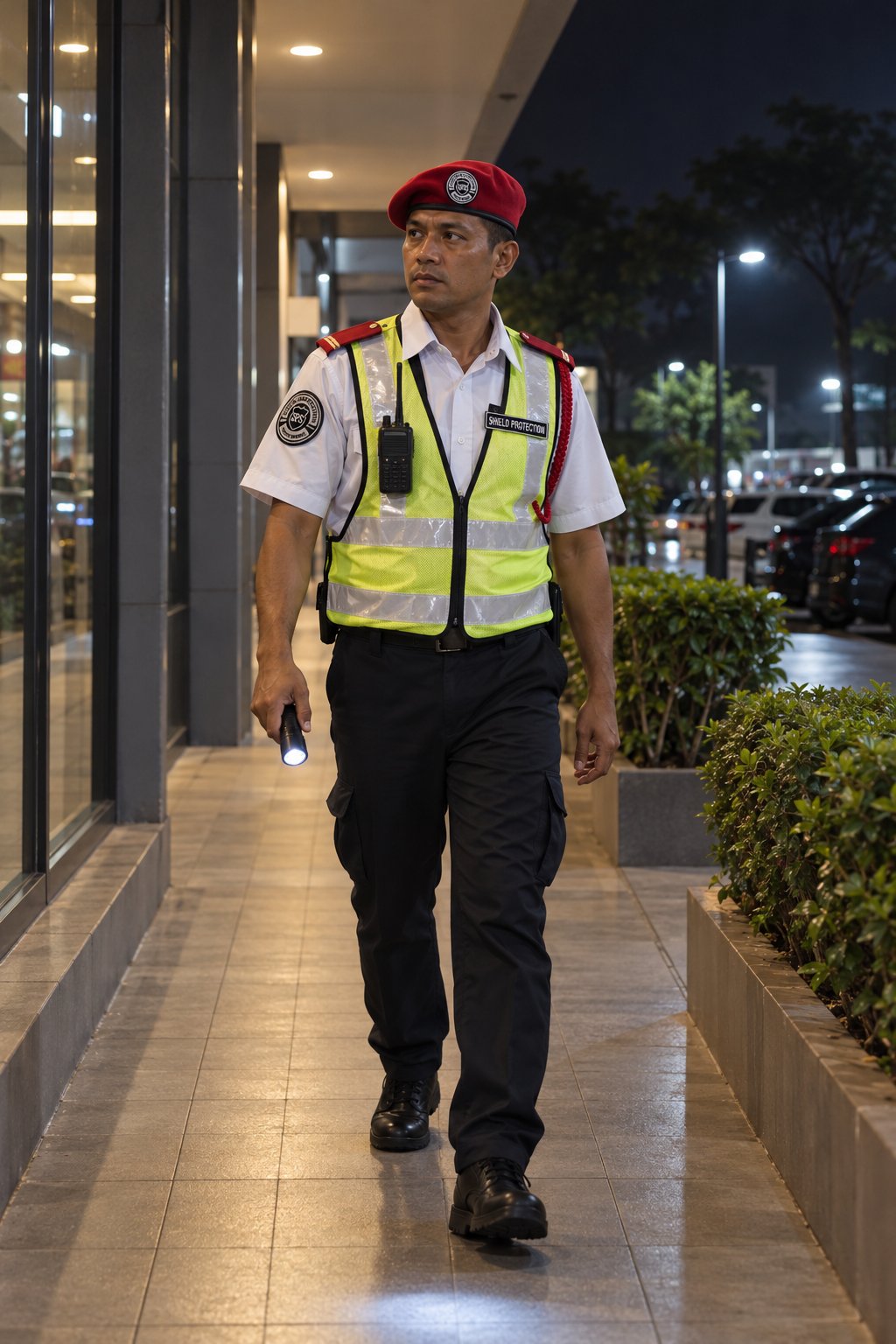 Shield Protection guard on night patrol with a flashlight