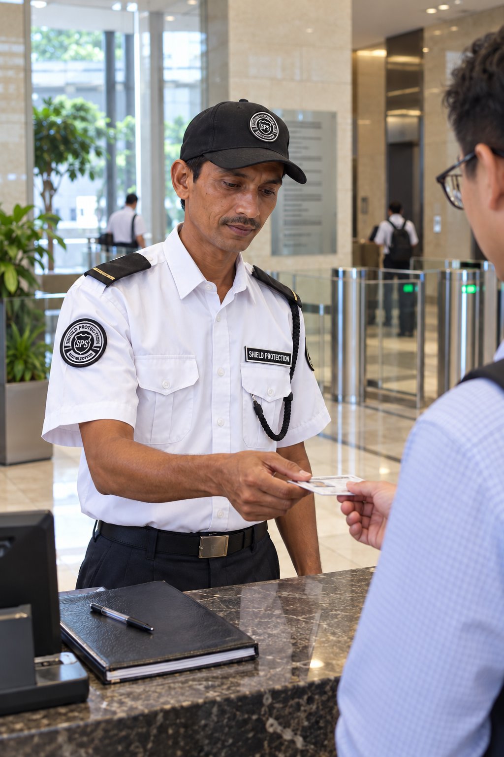 Shield Protection guard checking visitor ID at a commercial office lobby