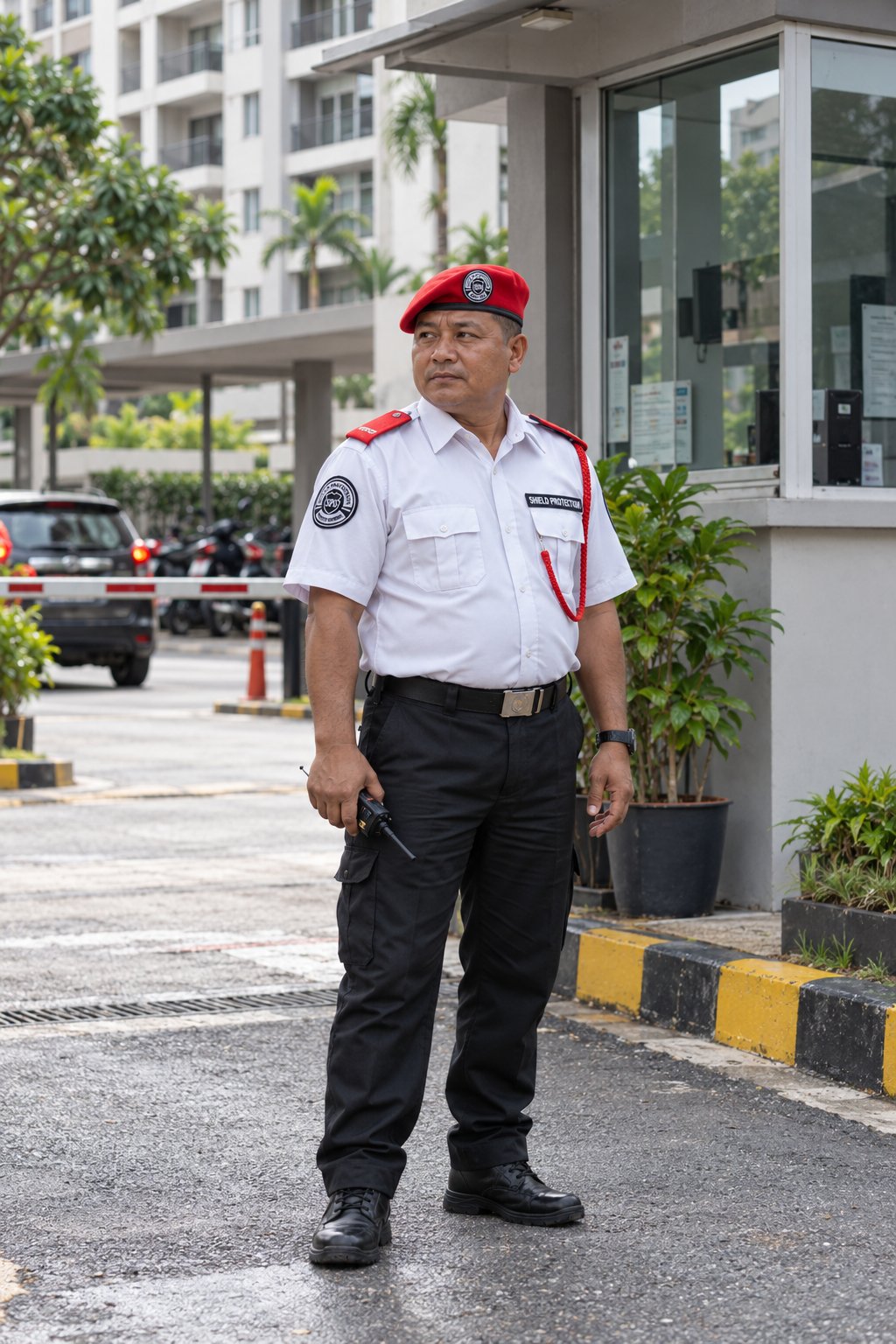 Shield Protection guard on duty outside a residential condominium