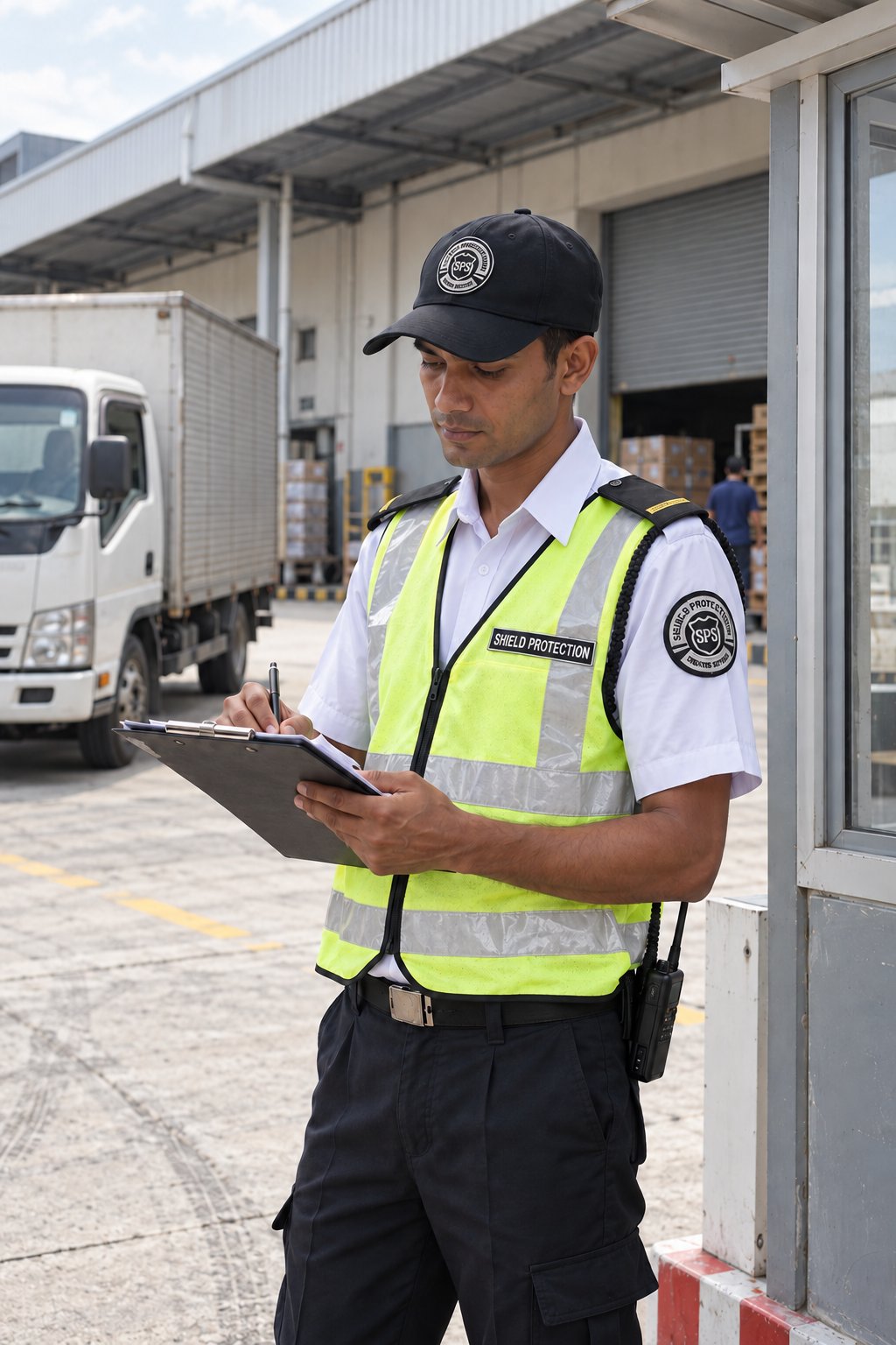 Shield Protection guard logging a delivery at an industrial warehouse