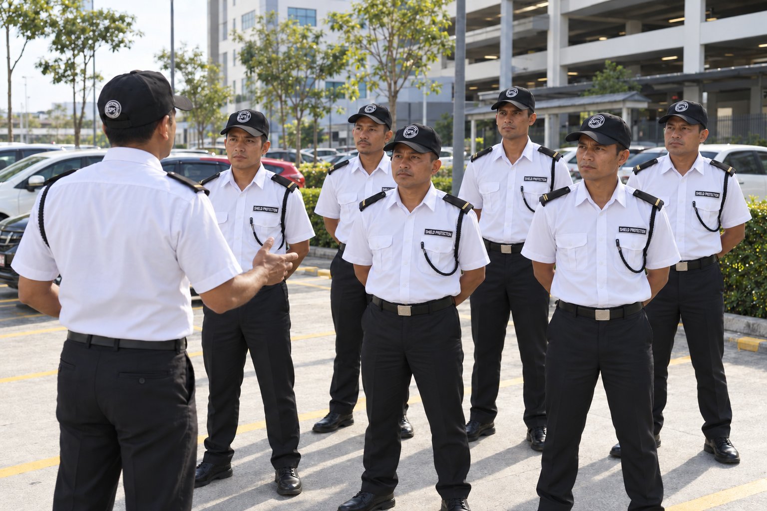 Shield Protection guard team in formation during a morning briefing